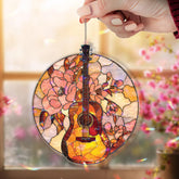 Guitar and Flowers Acrylic Suncatcher, Round Stained Glass Style Music Window Art, Floral Music Lover Gift for Home Decor